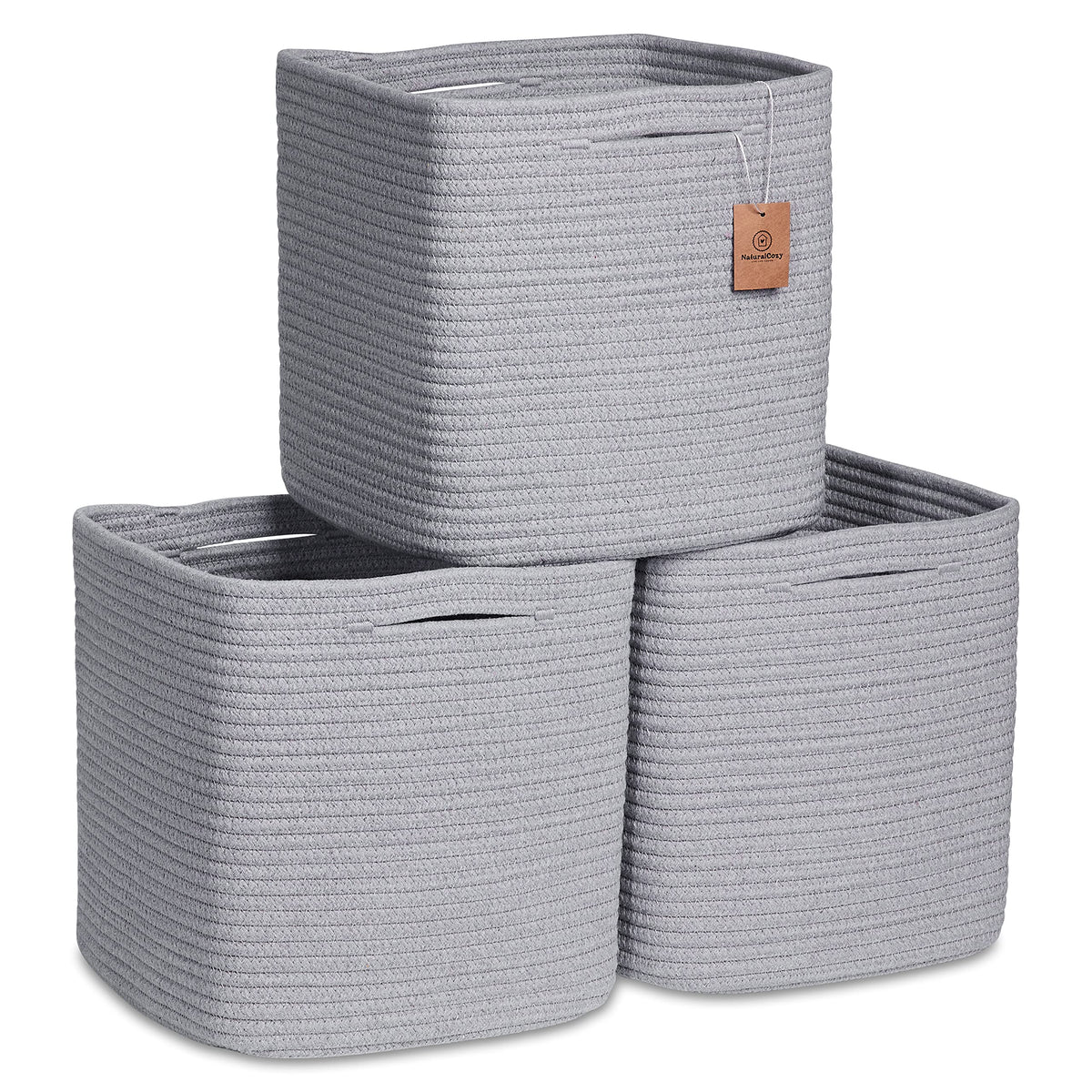 NaturalCozy Storage Cubes 11 Inch Cotton Rope Woven Baskets for Organizing, 3-Pack | Cube Bin Square Shelves Organizer, Classroom, Kids Toy Bins, Closet, Baby Nursery