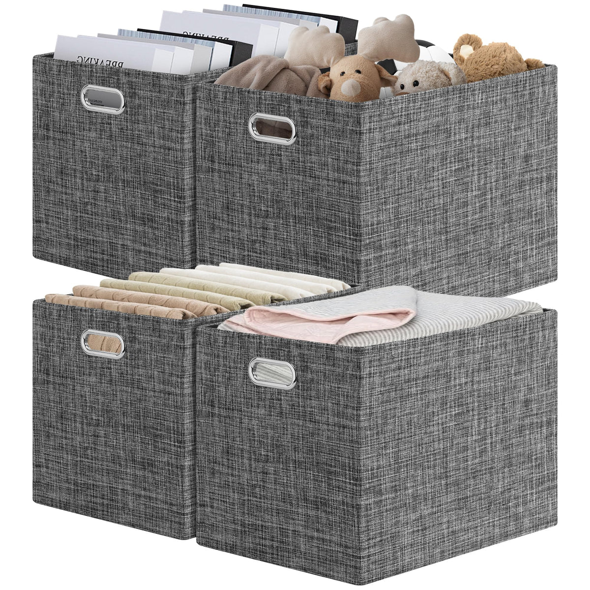 Posprica Closet Organizers and Storage, 4 Pack Large Linen Storage Bins, Decorative Shelf Storage Baskets for Organizing, Foldable Fabric Storage Box for Clothes, 15x10.5x8.25 Inch(Grey)