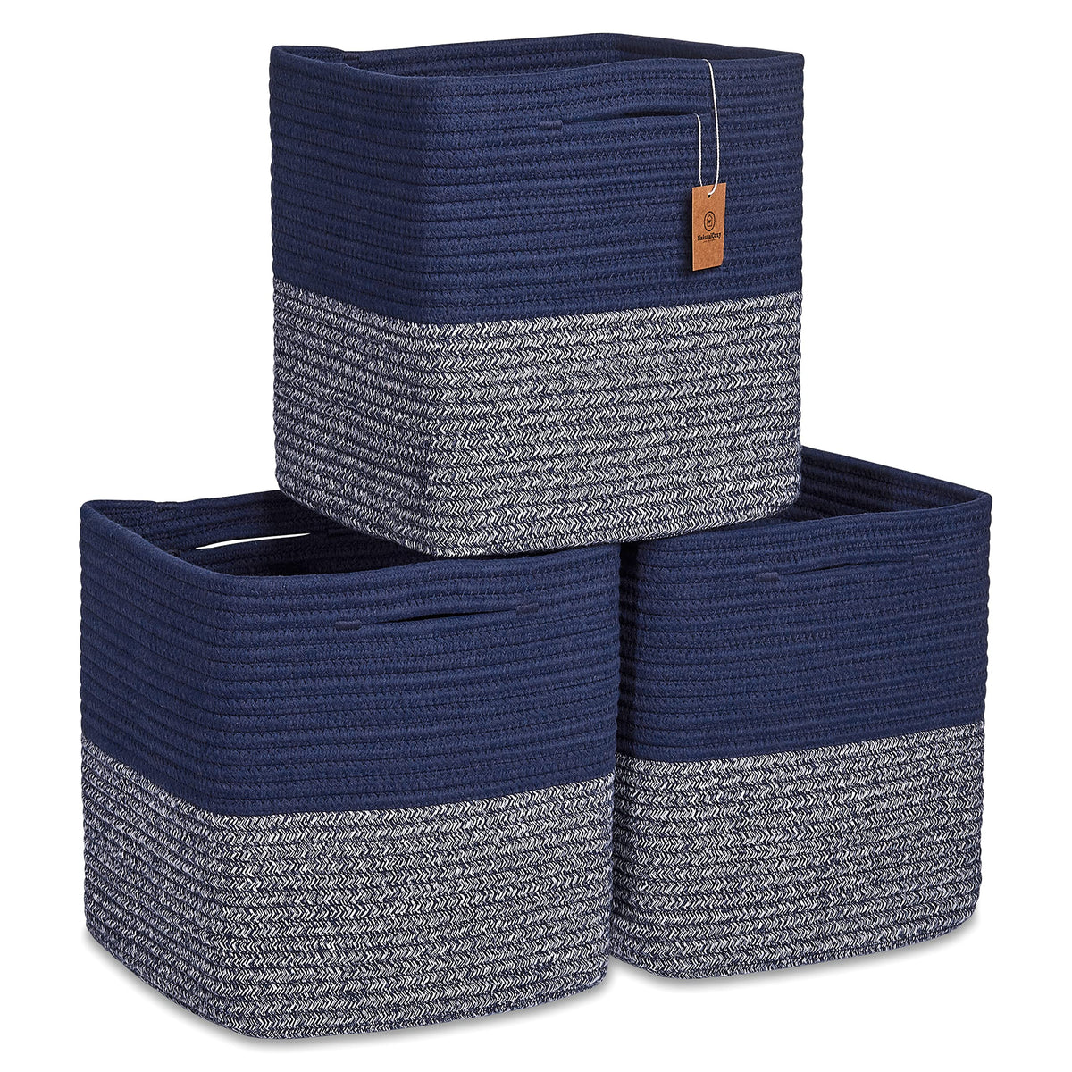 NaturalCozy Storage Cubes 11 Inch Cotton Rope Woven Baskets for Organizing, 3-Pack | Cube Bin Square Shelves Organizer, Classroom, Kids Toy Bins, Closet, Baby Nursery