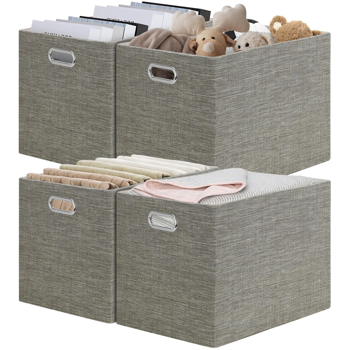 Posprica Closet Organizers and Storage, 4 Pack Large Linen Storage Bins, Decorative Shelf Storage Baskets for Organizing, Foldable Fabric Storage Box for Clothes, 15x10.5x8.25 Inch(Grey)