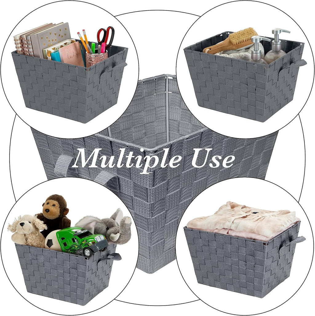 Simplify Medium Woven Strap Tote | Decorative Storage Basket | 2 Handles | Organization | Closet | Bedroom | Bathroom | Nursery | Accessories | Toys | Gifts | 1 Pack | Grey