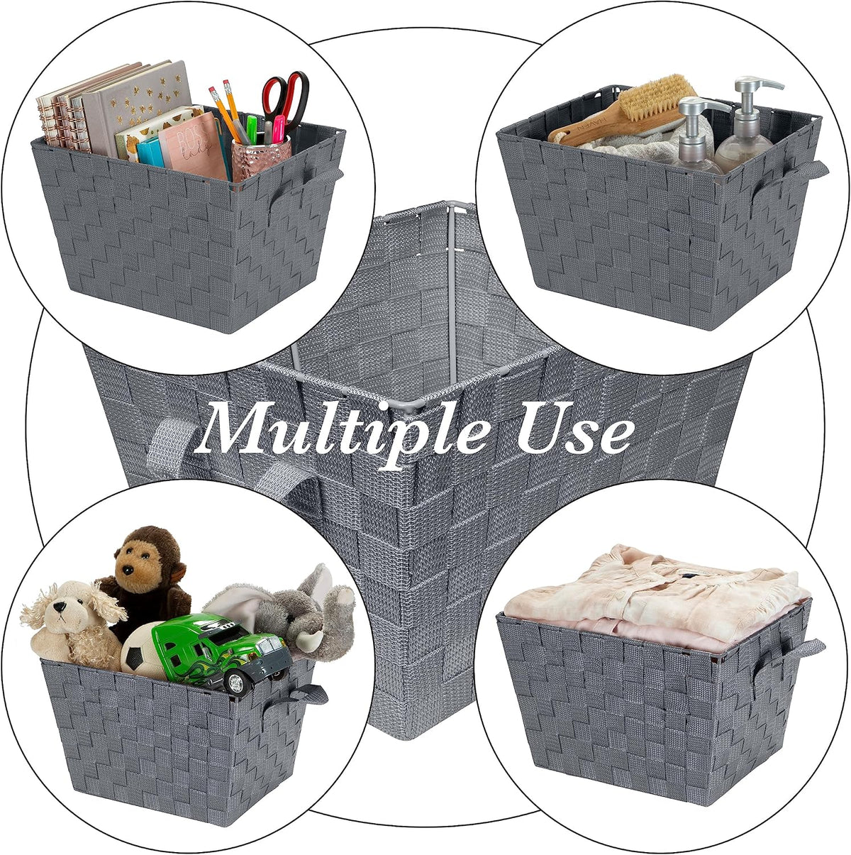 Simplify Medium Woven Strap Tote | Decorative Storage Basket | 2 Handles | Organization | Closet | Bedroom | Bathroom | Nursery | Accessories | Toys | Gifts | 1 Pack | Grey