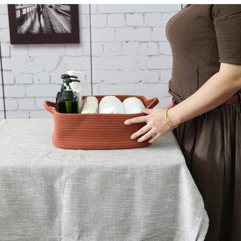 XUANGUO Medium Woven Cotton Rope Storage Basket with Handles, Rust