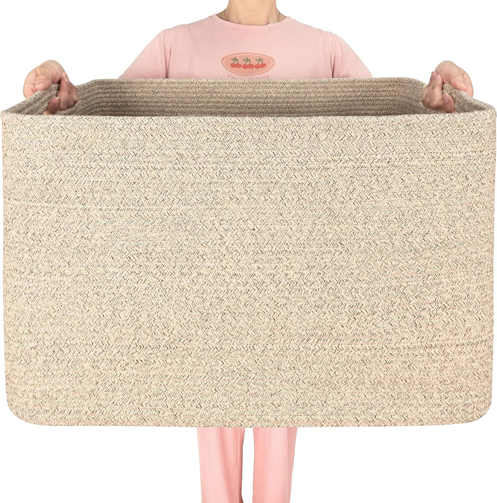 MINTWOOD Design 112L Extra Large Blanket Basket Holder Living Room, 25"x17"x16" Rectangle Rope Woven Storage Basket with Handles for Laundry, Towels, Shoes, Dog Toy Organizer Bin Box, Oatmeal Brown