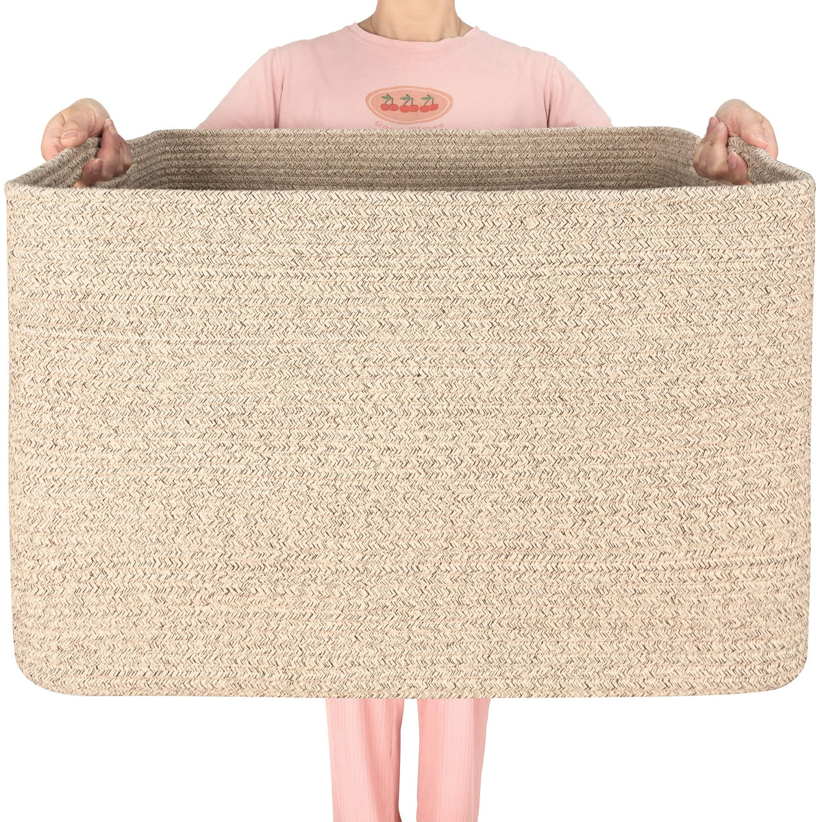 MINTWOOD Design 112L Extra Large Blanket Basket Holder Living Room, 25"x17"x16" Rectangle Rope Woven Storage Basket with Handles for Laundry, Towels, Shoes, Dog Toy Organizer Bin Box, Oatmeal Brown