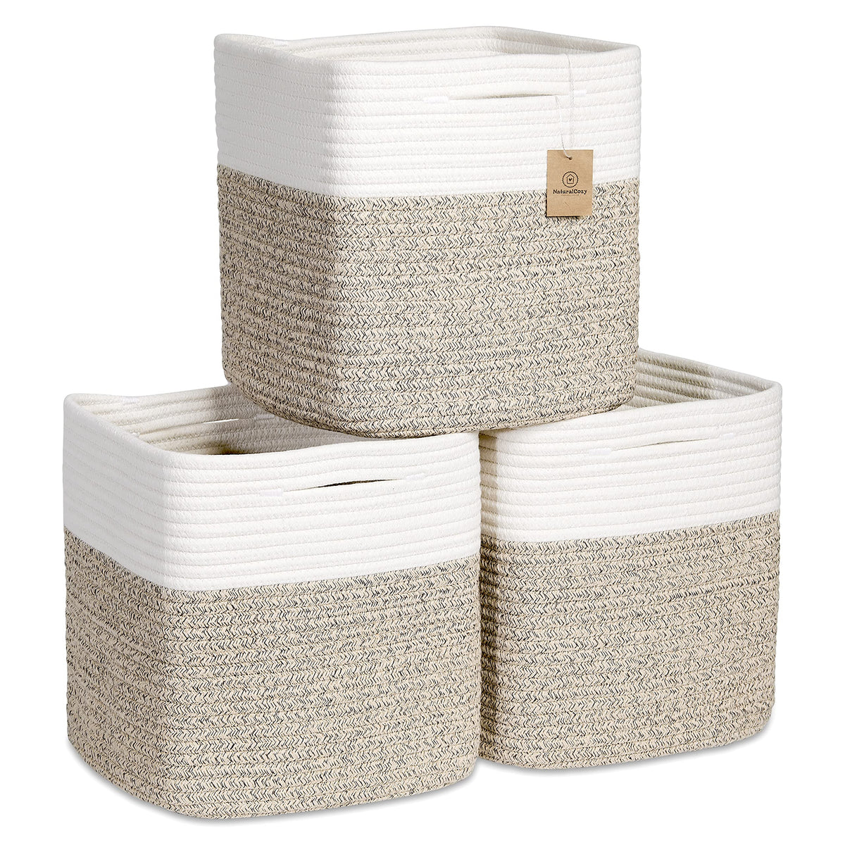 NaturalCozy Storage Cubes 11 Inch Cotton Rope Woven Baskets for Organizing, 3-Pack | Cube Bin Square Shelves Organizer, Classroom, Kids Toy Bins, Closet, Baby Nursery