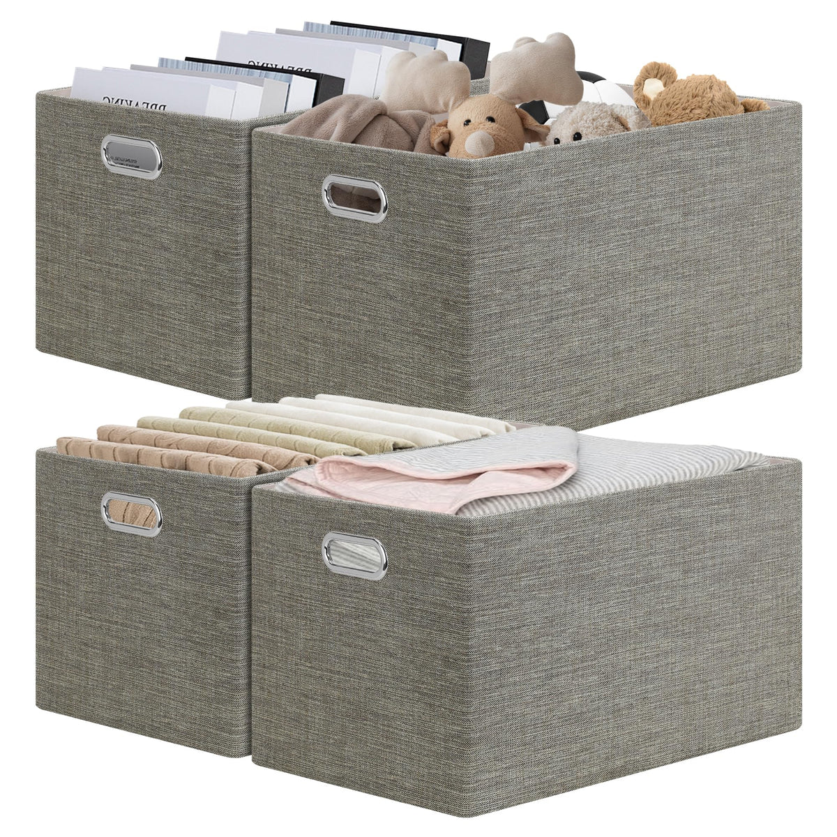 Posprica Closet Organizers and Storage, 4 Pack Large Linen Storage Bins, Decorative Shelf Storage Baskets for Organizing, Foldable Fabric Storage Box for Clothes, 15x10.5x8.25 Inch(Grey)