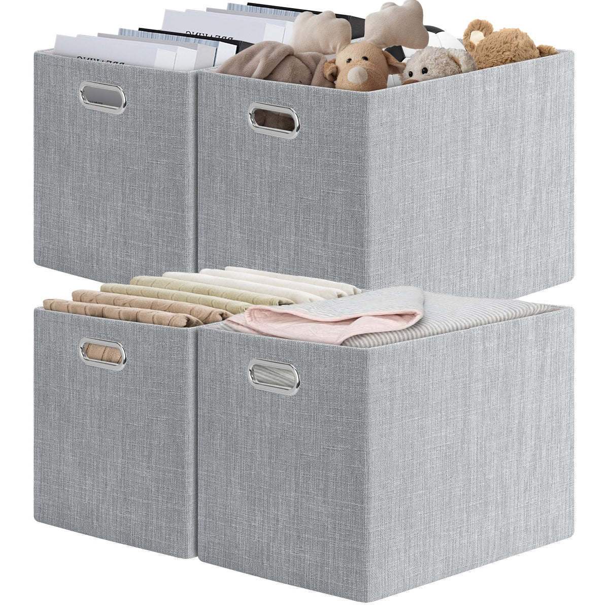 Posprica Closet Organizers and Storage, 4 Pack Large Linen Storage Bins, Decorative Shelf Storage Baskets for Organizing, Foldable Fabric Storage Box for Clothes, 15x10.5x8.25 Inch(Grey)