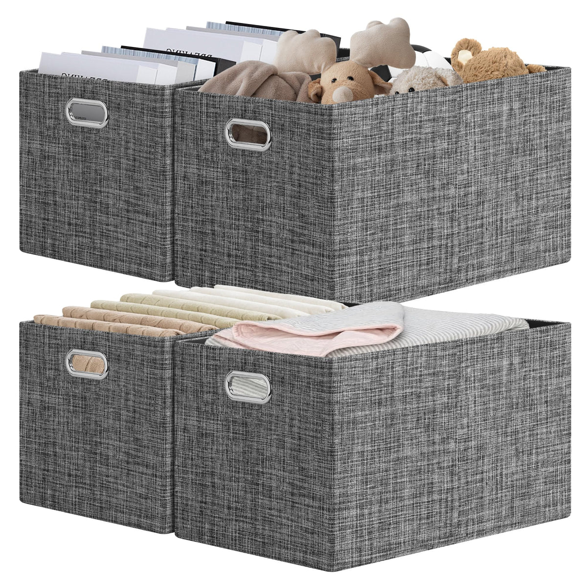 Posprica Closet Organizers and Storage, 4 Pack Large Linen Storage Bins, Decorative Shelf Storage Baskets for Organizing, Foldable Fabric Storage Box for Clothes, 15x10.5x8.25 Inch(Grey)
